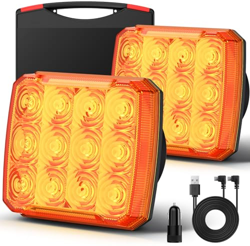 AUTOUTLET 2 Stück Warnleuchten Wiederaufladbar, Kabellose LED Magnetische Warnlicht mit 2000mAh Akku & 18 Blinkmodi, IP65 Wasserdicht Blinklichter E9 & E57 Mark, Warnung Beacon Notfall Lichter