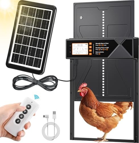 Rsaoty Hühnerklappe Solar,Upgrade-Größe Automatische Hühnerklappe Solar,Automatische Hühnerklappe Solar mit Zeitschaltuhr, Lichtsensor,Fernbedienung,Intelligenter Einklemmschutz