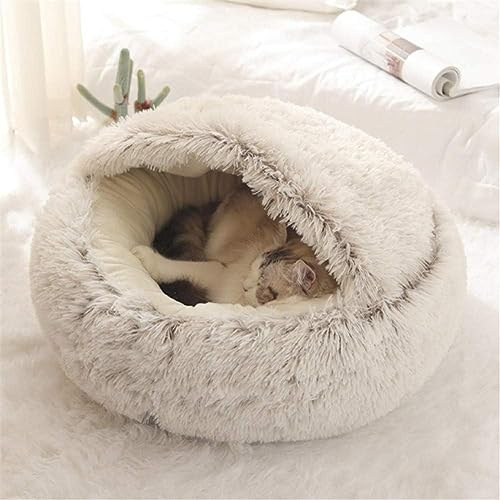 Fashionapple Flauschiges Katzenbett, rund, weiches Plüsch, Höhle mit Kapuze, Katzenbett, für den Winter, warm, Schlafkissen, rutschfest, maschinenwaschbar, für Katzen und Welpen-Kaffee, 50 cm