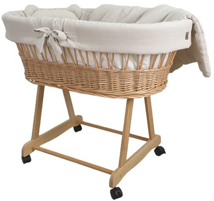 Stubenwagen Baby mit Rollen & Bremse – Moseskorb aus Naturweide inkl. Matratze & Beige Bettwäsche aus 100% Baumwolle Oeko-Tex – sicher & mobil – Modell Amelia