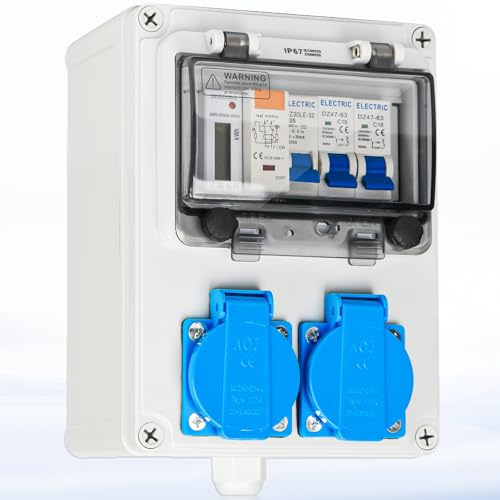 Warmfay Wandverteiler Vorverkabelt 2x 230V Schuko, IP67 Wasserdicht | Baustromverteiler mit mit FI-Schalter, LS Schalter und Stromzähler, Stromverteiler Wetterfest für Innen und Außen