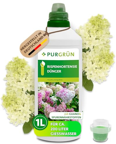 Purgrün® Rispenhortensie-Dünger 1 Liter – Organisch-mineralische Rezeptur – Premium-Flüssigdünger mit Spurennährstoffen – NPK 5+7+8 – Mit Guano & Spurennährstoffen – Für prächtige Blüten