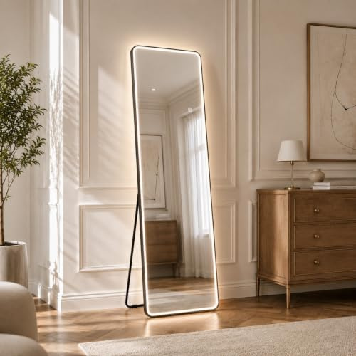 S'bagno Ganzkörperspiegel mit Beleuchtung 160x50 cm, Eisenrahmen, Spiegel Groß Dimmbar & 3000-6500K & Memory-Funktion, Verstärktes Glas, Standspiegel für Ankleidezimmer und Schlafzimmer, Schwarz