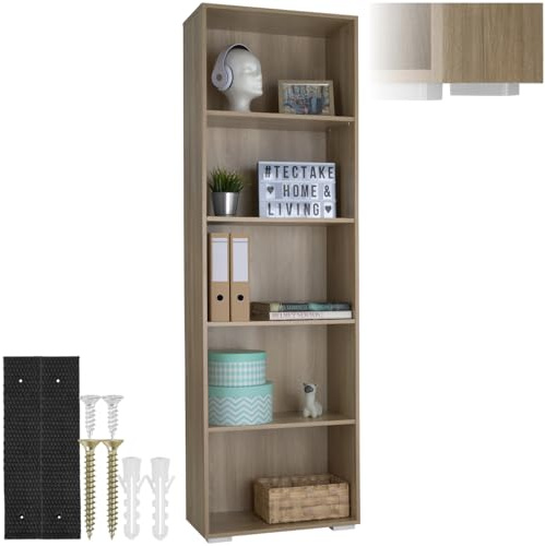 tectake® Bücherregal mit 5 Ebenen, vertikales Bücherregal, platzsparend, Büro- und Heimdekoration, Wandregal, robustes MDF-Design, leicht zu reinigen – Eiche