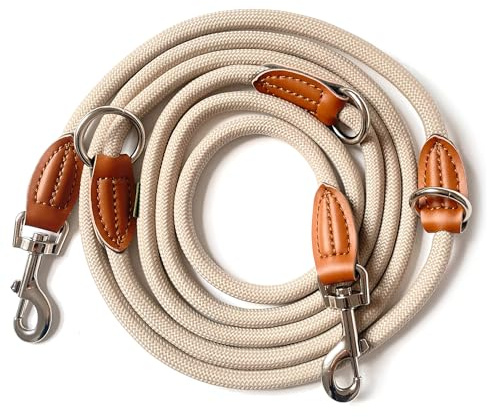 Leisegrün Hundeleine große Hunde - Führleine 3m verstellbar mit 2 Karabiner - 3 Meter lang x 1,1 cm - Nur 300 g - Modell Devon - Sand Beige