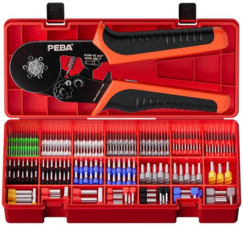 PEBA Crimpzange Set Sechskant 0,08–10 mm² – Aderendhülsenzange mit 21 Größen Aderendhülsen 0,25–10 mm², inkl. Twin-Hülsen, selbstjustierend, präzise Ratschen-Crimpzange, DIN 46228, mit Sortimentsbox