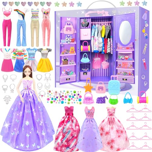 65 Kleidung Schmuck Zubehör für Puppen Kleiderschrank für 11,5 Zoll Puppen Puppenschrank Set mit 1 Puppe Kleider Taschen Schuhregal Geschenk Spielzeug für ab 4 5 6 7 8 9 10 Mädchen Jahre