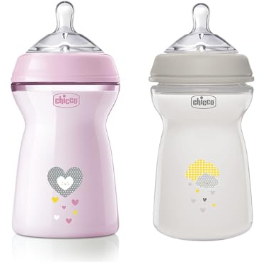 Chicco Natural Feeling Anti-Kolik Babyflasche 6+ Monate, 2 Stück, 330 ml, Babyfläschchen mit Weichem und Flexiblen Silikon-Sauger, Eignet sich in Kombination zum Stillen, Rosa und Grau