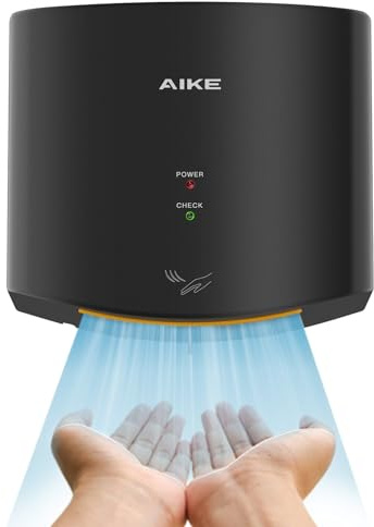 AIKE Air Wiper Kompakt Händetrockner, Hochgeschwindigkeit, 1400W 220V, Stecken & Loslegen, Papierlos & Berührungslos für Öffentliche Toiletten, AK2630S (Schwarz)