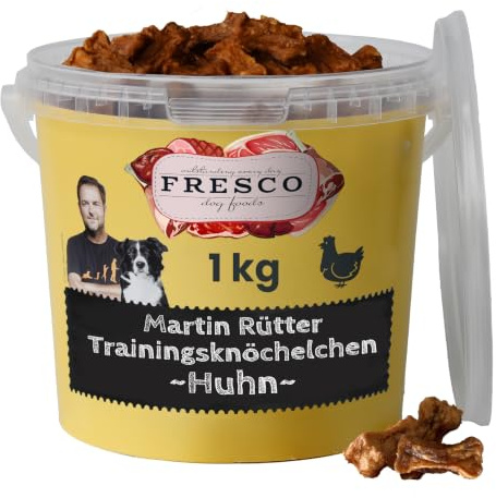 FRESCO Dog Martin Rütter Trainingsknöchelchen Huhn 1kg | Hundeleckerli | Getreidefrei & zuckerfrei | 92% Frischfleisch | Geruchs- & fettarme Hunde Leckerlis fürs Hundetraining | Für sensible Hunde