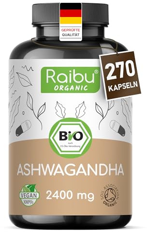 Ashwagandha Kapseln BIO Hochdosiert, 270 Kapseln mit 2400mg pro Tagedosis I Ashwagandha Wurzel Pulver in hoher Bio Qualität, ohne Zusätze aus deutscher Produktion I Raibu