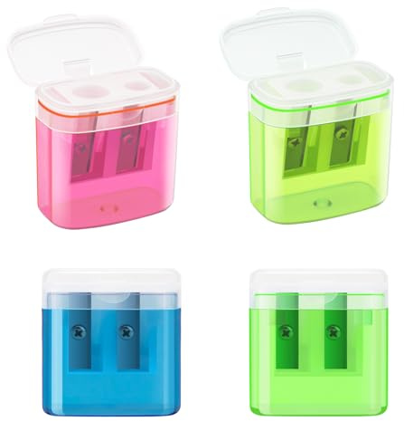 JEFURE Anspitzer Set mit Behälter - 4 Stück in 4 Farben, für dicke und dünne Stifte, mit Doppellöchern und Deckel, ideal für Kinder und Schule/Büro