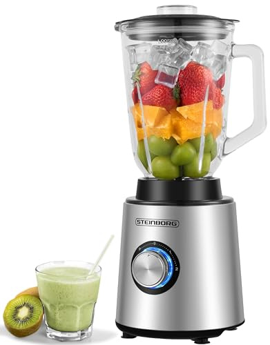 Steinborg® Standmixer Glas Edelstahl 800 Watt 1,5 Liter Glaskrug Universal Power Mixer Smoothie Maker Zerkleinerer Multifunktionsmixer 6-Fach Messer Ice Crusher 5 Stufen + Pulse Funktion