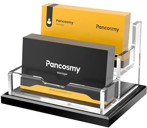 Pancosmy Acryl Visitenkartenhalter für den Schreibtisch 2 Etagen 2 Fächer, Transparenter Visitenkartenständer mit Dickem Mattschwarzem Sockel Fasst bis zu 100-120 Visitenkarten