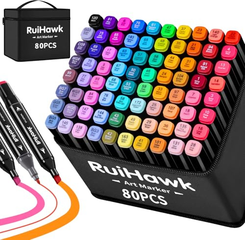 RuiHawk 80 Farben Alkoholmarker Set mit Feinspitze & Breitspitze, schnelltrocknende Profi-Marker für Graffiti, Manga, Skizzen & Design - das perfekte Geschenk für jeden Tag, Weihnachten und Halloween!