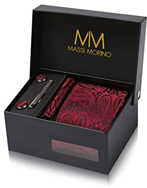 Massi Morino Krawatte Paisley Weinrot mit Einstecktuch Set Herren inkl. Manschettenknöpfe, Krawattennadel und Geschenkbox | Männer Krawattenset zur Hochzeit