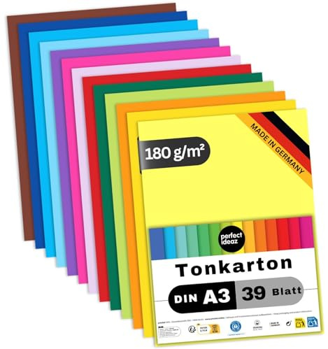 perfect ideaz - 39 Blatt Tonkarton DIN-A3, 13 Farben, 180 g/m², made in Germany, Blauer Engel zertifiziert (13 Farben)