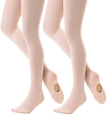 DUCMODA Ballettstrumpfhose für Mädchen | Konvertierbare Kinder-Strumpfhose mit Loch & Ohne Fuß | Weiche Elastische Tanzstrumpfhose 2 Paar Ballett Rosa 146-158