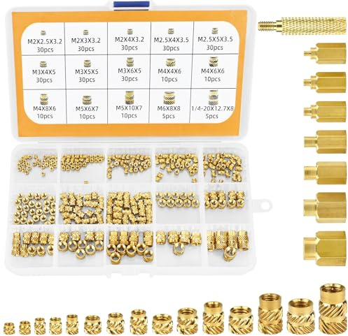 300 Stk Gewindeeinsatz, M2 M2.5 M3 M4 M5 M6 Einpressmutter Messing Gewindebuchsen Innengewinde Rändelmuttern mit Kunststoff-Box und 8 Stk Einschmelzhilfe Set Lötspitzen M2 M2.5 M3 M4 M5 M6 1/4
