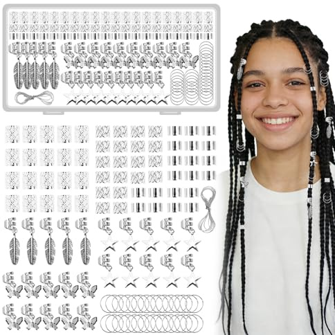 120 Stück Haarschmuck Set für Zöpfe Silber Dreadlocks Schmuck Wikinger Haarschmuck mit Aufbewahrungsbox, Metall Braids Schmuck,Haarperlen Haarspiralen für Braids, Haaraccessoires Zubehör