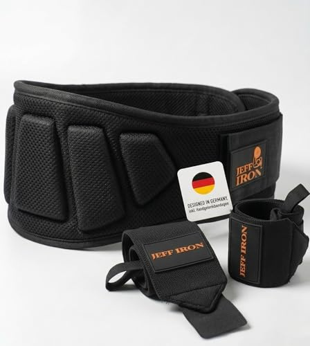 Jeff Iron Gewichthebergürtel Krafttraining – 16,5 cm breiter Trainingsgürtel für Gewichtheben, Fitness & Bodybuilding – inkl. 2 Handgelenksbandagen – stabiler Halt, Rückenunterstützung