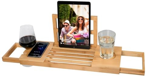 alpina Verstellbares Badewanneablage - Badewannebrett 50-92 x 18 x 4 cm - Badewanneauflage aus Bambus mit Buchstütze und Tablet-Halter - Inkl. Becherhalter - Badezimmer Deko