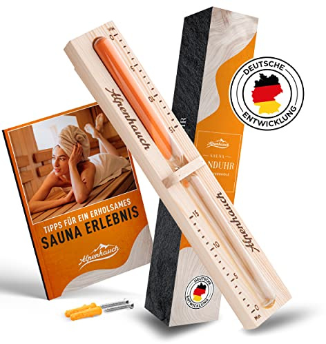 ALPENHAUCH Sauna Sanduhr 15 Minuten aus 100% Naturholz - Edle Saunauhr mit feinem Sand - Robuste Sauna Uhr mit Sicherheitsglas - 360° Drehbare Sauna Uhr Holz - Inkl. Saunabuch E-Book + Montagezubehör