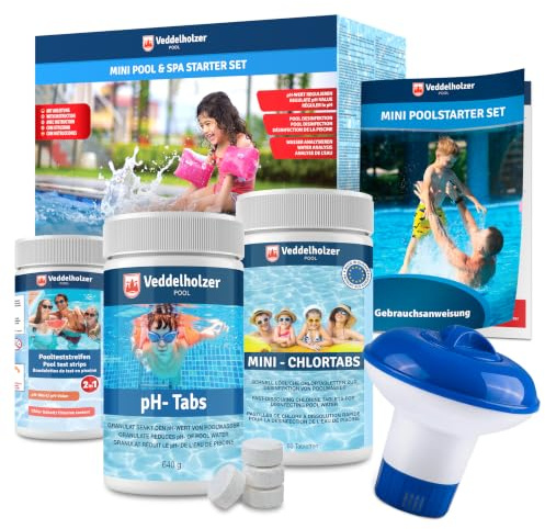 Veddelholzer Mini 4 in 1 Pool Reinigungsset & Spa Poolreiniger, Tester pH, Chlortabletten für Pool 2,7 g, ph minus, Skimmer zur Poolpflege für Anfänger mit Anleitung Perfekte Pool Reinigung & Whirpool