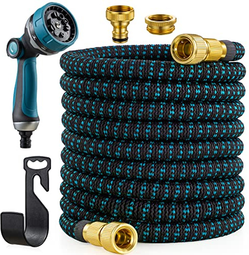 JUNEBOW® Gartenschlauch 15m Flexibel Wasserschlauch mit 10-Funktionen-Sprühkopf, Leichter Flexibler Schlauch mit 3/4 Zoll und 1/2 Zoll Massiven Anschlüssen und 3-Lagigem