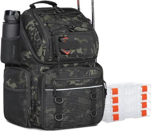 FRETHIND Angelrucksack mit 4 Boxen 50L Angeltasche mit Kühlfach & Rutenhalter wasserabweisend Angelzubehör Rucksack für Angeln Camping Wandern (Camo)