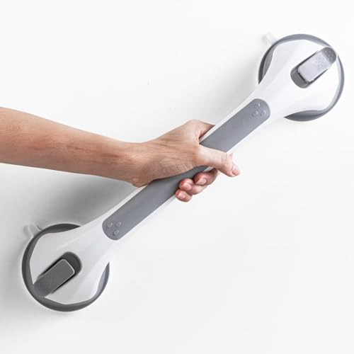 LEVERLOC Haltegriff Dusche ohne Bohren, EXTRA STARKER 110 KG, 43 CM, Grau | Haltegriffe für Senioren, Haltegriff mit Saugnapf, Badewannengriff ohne Bohren, Duschgriff mit Saugnapf, Griff Bad Senioren