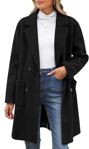 CMTOP Wintermantel Damen V-Ausschnitt Revers Mantel Lang Warm Wollmantel Herbst Winter Damen-mäntel Gerade Zweireihiger Übergangsmantel Elegant Damenmantel mit Taschen(Schwarz, M)