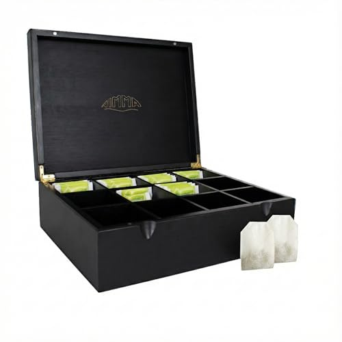 NIMMA Teeboxen – Teebox aus Holz mit Magnetverschluss – Geeignet für Pickwick, Lipton und mehr – Extra große Fächer für Teebeutel und losen Tee (1, Schwarz, 12 Fächer)