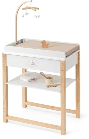 ELLA & PIET® Puppenwickeltisch Splashy mit Badewanne und Mobile aus Holz (Weiß-Schlamm) Puppenwanne Spielzeug