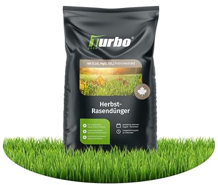 Turbogrün Herbstrasendünger 5kg mit Kalium, macht den Rasen Winterfest, gesunder Rasen verdrängt Moos, Ideal für Herbst, geeignet für Streuwagen, Staubarmes Granulat, Herbstdünger, Rasendünger