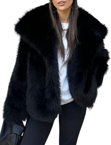 Yimoon Kunstfellmantel für Damen mit Revers, vorne offen, flauschig, zottelig, Winterjacke, pelzähnlich, warm