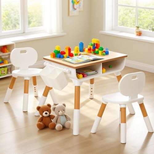Siairo Kindertisch mit 2 Stühlen, Höhenverstellbar kindersitzgruppe für Kindergarten, Schreibtisch Kinder mit stauraum und Kinderstuhl, Kinder Tisch Stuhl Set, Maße: 55 x 55 x 40 cm