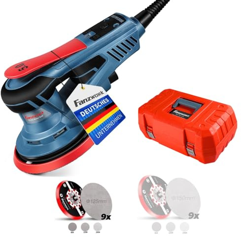 FANZWORK Bürstenloser Exzenterschleifer HG0024,mit 125mm/150mm Schleifteller,5mm Schleifhub, 7-Stufiger Drehzahlregelung bis 10.000 U/min, TELLER-BREMSE, 18x Schleifgitter, Tragkoffer