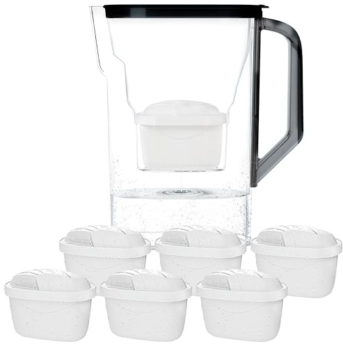 Wessper Wasserfilter Kanne mit Filter, Kühlschranktürkanne 2,7 Liter, Filterkartuschen mit Aktivkohle und Ionenaustauscherharz, Set Kanne und 6 Wasser Filter - Schwarz