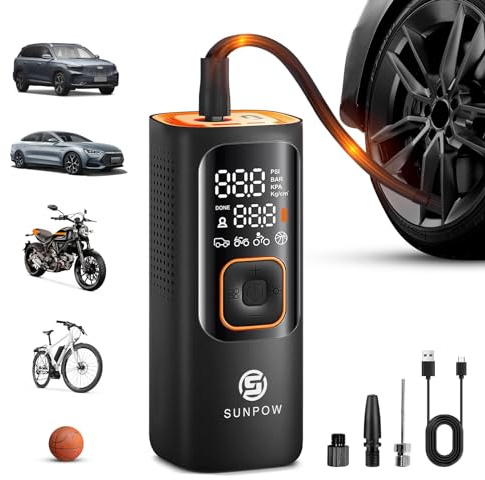 SUNPOW Elektrische Luftpumpe, Tragbar Mini Kompressor mit 7500mAh Akku, 160PSI Tragbarer Luftkompressor Auto Reifenpumpe, 12V DC Dual Power, Digital LCD, LED Licht, AutoOff, Als Powerbank