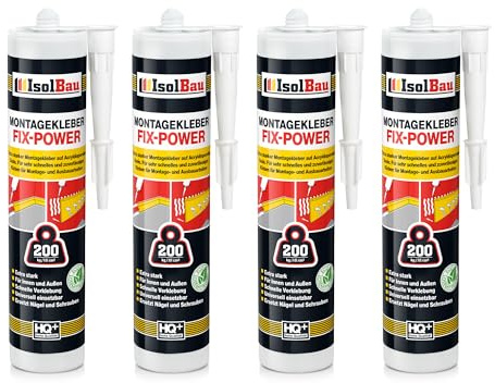 Isolbau Montagekleber Fix-Power - 4 x 480 g Styroporleber, Kraftkleber, Alleskleber, Baukleber für Innen- & Außenbereich - 200 kg / 10 cm - Weiß