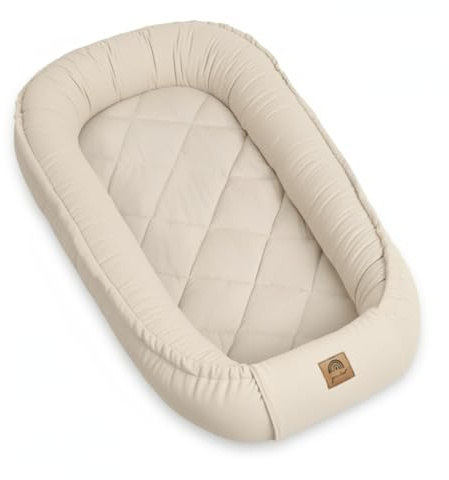 PIMKO Multifunktionale 2seitig Babynest Kuschelnest Kokon für Babys Nestchen antiallergischre Neugeborene Kokon 55 x 90cm Velvet - Beige mit Klappe