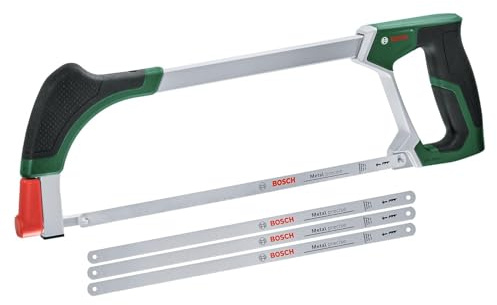 Bosch Bügelsäge 300mm + 3 Extra-Sägeblätter (Bügelsäge mit 4 langlebigen Bi-Metall Sägeblättern für Metall, Holz, Kunststoff und mehr; Einfacher Wechselmechanismus; Softgrip) - Amazon Edition