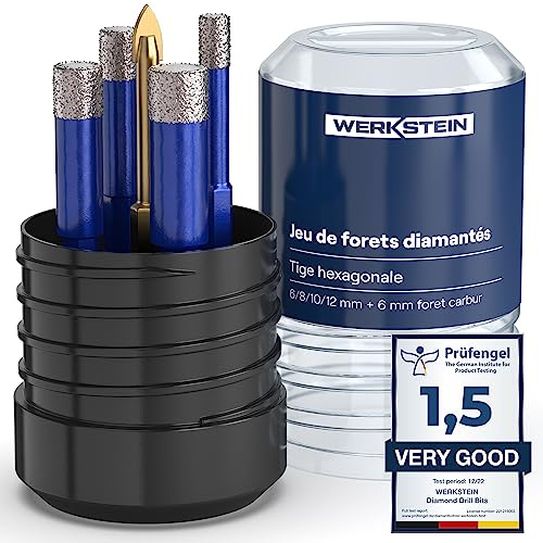 WERKSTEIN® Fliesenbohrer Set mit Diamantbohrkronen & Karbid Anbohrer [GRÖßEN 6, 8, 10 & 12 MM] - Diamantbohrer für Fliesen & Feinsteinzeug - Fliesenbohrer Set für Keramik, Granit & Naturstein