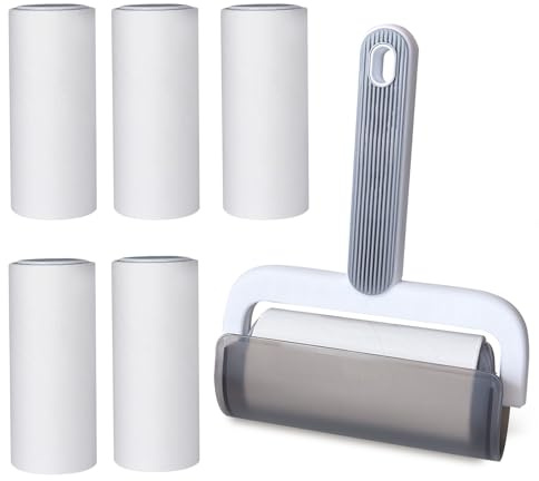 Oiamker Fusselrolle 6 Rollen mit 1 Abroller, Extra Klebrige Fusselrolle Kleidung, Fusselroller für Kleidung, Haare, Katzenhaare, Hundehaare, 60 Blatt/Rollen