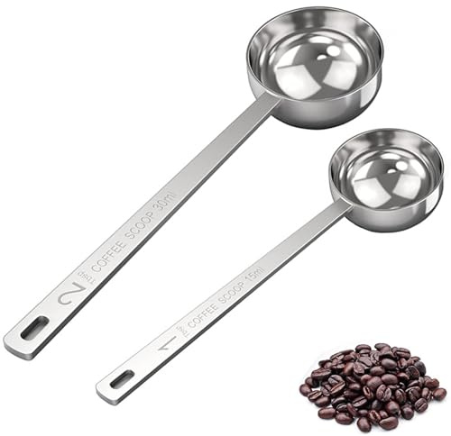tiokin 2 Stück 1&2 15ml 30ml Kaffee Mess-Sets mit langem Griff, Edelstahl Esslöffel Schaufeln 1 EL & 2 EL Messlöffel für gemahlenen Kaffee, losen Tee, Milchbrühe und Pulver