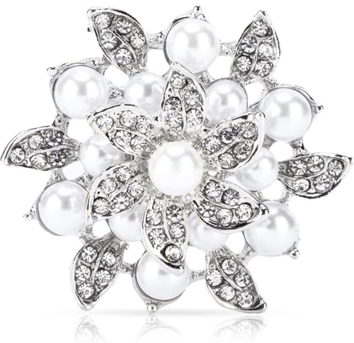Cyrank Brosche Damen, Broschen Für Frauen, Strass, Kunstperlen, Blumenbrosche, Broschen und Anstecknadeln Für Damen, Elegantes Hemd, dekorative Clips, Broschen für Hochzeit(Silber)