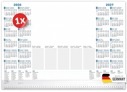 PRIMUS PRINT Schreibtischunterlage Papier DIN A2-2026 & 2027 Jahreskalender - 80g Dickes Naturpapier - Stabiler Papprücken - 25 Blatt - mit Schutzleiste - Büro und Homeoffice [1er Set]