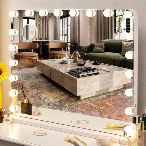 MAMIZO Hollywood Spiegel 80x60 cm,Schminkspiegel mit Beleuchtung, 20 LED | 3 Lichtfarben, Enstellbare Helligkeit, mit USB und 10xLupe, spiegel mit Licht, Wandspiegel, Tischspiegel