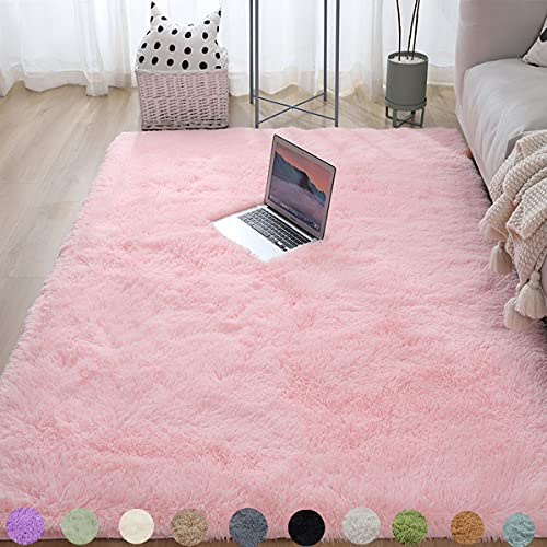 Obundi Rosa Hochflorteppich 120x160cm Waschbarer Teppiche für Wohnzimmer | Flauschig, Hochflor 4-5 cm, Hochwertiger Schaumstoff, für Schlafzimmer, Kinderzimmer, Babyzimmer